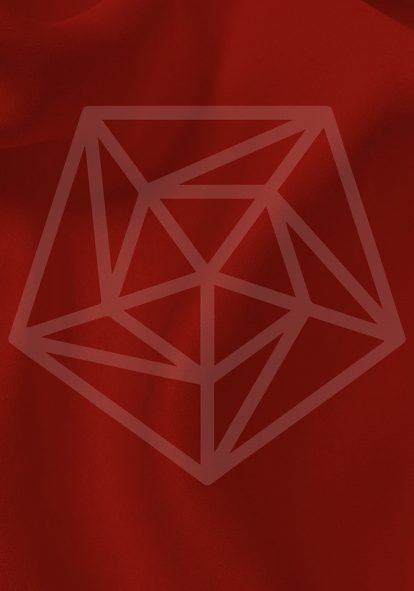 Red cloth with semi-transparent shape of CHC Global's pentagram logo in the centre.